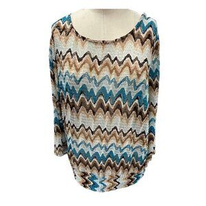 Travelers by Chicos 3 Tunic Top Brown Turquoise Chevron 3/4 Sleeves
